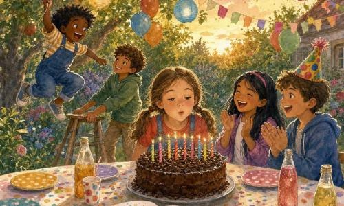 Nora, 10 ans, souriante, cheveux châtain clair en deux couettes souffle les bougies d’un gros gâteau au chocolat; à sa gauche Lucien, ~6 ans, cheveux en bataille, saute en tenant un ballon rouge, Timéo, ~9–10 ans, cheveux bouclés, stabilise un tabouret, à sa droite Jade, ~10 ans, cheveux noirs et bandeau, applaudit en riant, et Yassine, ~10 ans, coiffé d’un chapeau de fête, tape des mains près de la table; sur la table gâteau aux bougies multicolores, assiettes à pois, jus pétillants et petit carnet arc‑en‑ciel, le jardin en fin d’après‑midi présente pelouse, guirlandes et lanternes dans un pommier, ballons et confettis; ambiance chaleureuse pastel, touches aquarelle et lumière douce du crépuscule exprimant joie et convivialité.