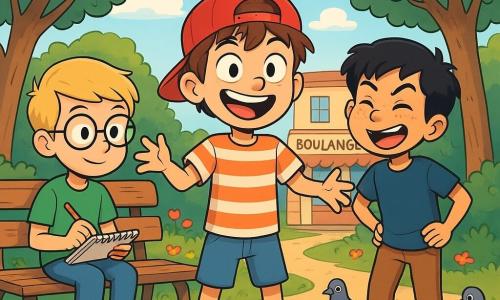Il y a trois personnages : Léo, un garçon de 10 ans avec des cheveux bruns en bataille et un grand sourire, portant une casquette rouge à l’envers et un t-shirt rayé, se tient au centre, les bras écartés. Mathis, 11 ans, avec des lunettes rondes et des cheveux blonds bien coiffés, prend des notes sur un carnet assis sur un banc. Sami, 10 ans, avec des cheveux noirs et des taches de rousseur, fait une grimace hilarante à droite de Léo. Ils sont dans un petit parc à Bouzinville, entourés d'arbres et de fleurs, avec une boulangerie en arrière-plan. Les trois amis discutent avec enthousiasme, Léo lance un défi, Mathis prend des notes et Sami fait une grimace, créant une ambiance joyeuse.