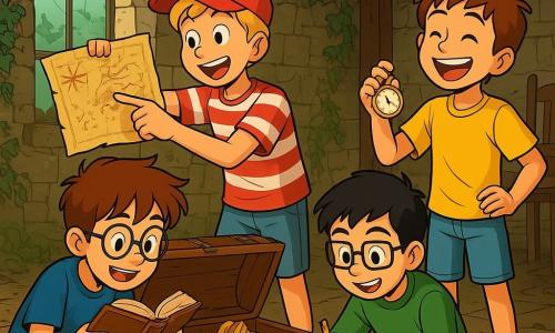 Quatre enfants explorent une vieille maison abandonnée. Martin, 9 ans, a des cheveux bruns en bataille et des lunettes rondes, il examine un vieux livre dans une malle. Lucas, également 9 ans, a des cheveux blonds et porte une casquette rouge, il pointe une carte ancienne. Tom, avec des cheveux noirs et des lunettes carrées, dessine des monstres sur une feuille. Sam, aux cheveux châtains et souriant, tient une vieille montre. La maison a des murs en pierre couverts de lierre, avec des meubles en bois et des toiles d'araignées. Les enfants découvrent le trésor dans la malle, partageant leur joie et explorant les mystères du passé ensemble.