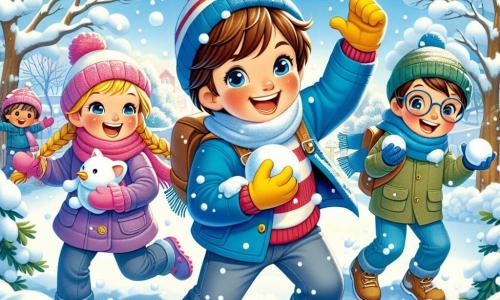 Lucas, un garçon de 9 ans aux cheveux bruns en bataille et aux joues rosies par le froid, rit en lançant une boule de neige. Il porte un manteau bleu vif, un bonnet rouge et des gants jaunes. À ses côtés, Emma, 8 ans, avec des cheveux blonds tressés, sourit en tenant une boule de neige, vêtue d'une écharpe rose et d'une combinaison violette. Tom, 9 ans, avec des lunettes et des cheveux châtains, se cache derrière un arbre, préparant une boule de neige, vêtu d'une veste verte. La scène se déroule dans un jardin enneigé, où la neige recouvre le sol et les arbres sont chargés de neige, sous un ciel bleu éclatant. Lucas et ses amis sont en pleine bataille de boules de neige, leurs rires résonnant dans l'air frais, capturant la magie d'une journée d'hiver.