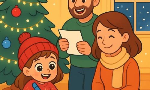 Une petite fille de 4 ans, Lila, avec de grands yeux brillants et un sourire radieux, est assise près d'un sapin de Noël décoré. Elle porte un bonnet rouge et un pull avec des flocons de neige, tenant un gros crayon bleu. À côté d'elle, sa maman souriante l'observe tendrement, assise sur un coussin. Son papa, joyeux, lit la liste des souhaits à voix haute. La scène se déroule dans une maison chaleureuse avec des murs jaunes, des fenêtres embuées et une lumière dorée. Lila écrit des souhaits sur une feuille blanche, entourée de l'amour de sa famille, tandis que la magie de Noël emplit l'air de joie.