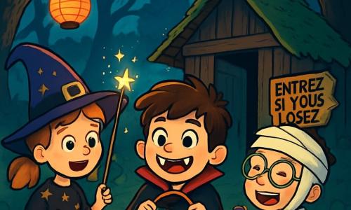 Il y a trois personnages : Léo, un garçon de 9 ans avec des cheveux bruns en bataille, vêtu d'un costume de vampire amusant avec une cape rouge et des dents en plastique, souriant au centre avec un grand sac à bonbons ; Zoé, une fille de 9 ans avec des couettes rousses et un chapeau de sorcière clignotant, portant une robe noire ornée d'étoiles dorées à gauche de Léo, faisant un geste de magie avec une baguette scintillante ; Max, un garçon de 9 ans avec des lunettes et déguisé en momie en papier toilette, légèrement en retrait à droite de Léo, riant et tenant un bonbon en forme de chauve-souris. L'action se déroule dans une clairière mystérieuse du Bois Sombre, entourée d'arbres noueux, avec la lumière de la lune filtrant à travers le feuillage et illuminant des lanternes en papier. Au centre, une vieille cabane en bois, couverte de mousse, avec une porte grinçante et une pancarte "Entrez si vous l’osez". Les trois amis, excités et courageux, se tiennent devant la cabane abandonnée, prêts à entrer pour découvrir un trésor de bonbons, leurs visages illuminés par la lumière des lanternes, mêlant appréhension et enthousiasme pour leur aventure d'Halloween.