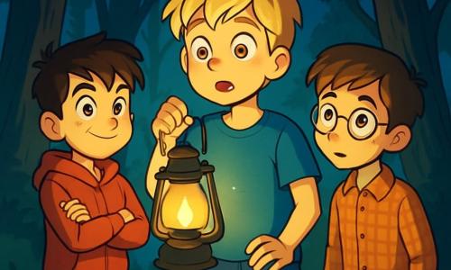 Trois personnages se trouvent dans une forêt dense et mystérieuse : Hugo, un garçon de 11 ans aux cheveux blonds et aux yeux dorés, portant un t-shirt bleu et un short en jean, tient une vieille lanterne cabossée avec émerveillement ; Yanis, également âgé de 11 ans, avec une mèche brune et un sweat à capuche rouge, affiche un sourire courageux ; Lucien, aux cheveux châtains et lunettes rondes, en chemise à carreaux, observe pensivement. La forêt est peuplée de grands arbres sous un ciel étoilé, avec une lumière lunaire créant des ombres et une brume légère ajoutant du mystère. Les garçons découvrent une lanterne flottante, illuminée d'une douce lueur dorée, fascinés et un peu effrayés, tandis que la forêt semble vivante, prête à révéler ses secrets.