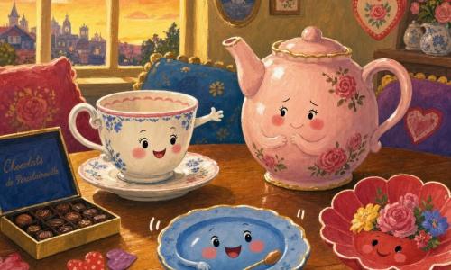 Théodore, petite tasse en porcelaine blanche à motifs floraux bleus et roses, souriant et tendant son anse, présente la Saint‑Valentin à Rose, théière ronde en céramique rose poudré, timide et émue, sur une table en bois verni au centre d’un salon nommé Porcelaineville, entourés d’amis de vaisselle — une petite assiette bleue joue doucement en tapotant son bord et une assiette rouge à pétales tient des fleurs — ambiance douce, lumineuse et affectueuse avec coussins colorés, guirlandes de cœurs, boîte de chocolats ouverte et rayons dorés filtrant par une grande fenêtre sur un ciel rose‑orangé au crépuscule, couleurs chaudes et textures peintes à la gouache.