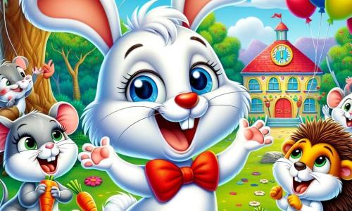 Léo, un petit lapin espiègle aux grandes oreilles et à la queue duveteuse, saute de joie dans la cour de l'école avec un grand sourire. Il porte un nœud papillon rouge vif qui contraste avec son pelage blanc. À ses côtés, Mimi la souris applaudit avec enthousiasme, Max le hérisson sourit en tenant un morceau de gâteau aux carottes, et Bella la tortue les regarde avec bienveillance. La cour est remplie de ballons multicolores, entourée d'arbres et de fleurs, sous un ciel bleu parsemé de nuages. Léo et ses amis célèbrent son anniversaire dans une ambiance festive et magique, entourés de rires et de confettis.