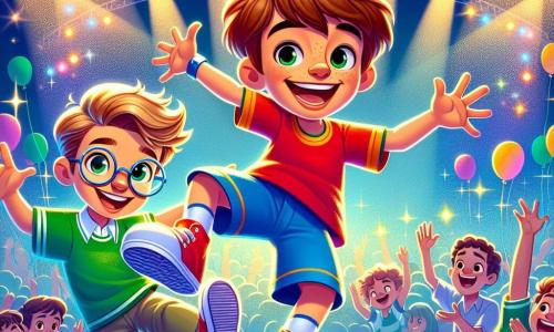 Lucas, un garçon de 8 ans aux cheveux bruns en bataille et au grand sourire, effectue une pirouette joyeuse sur une scène de danse. Il porte un t-shirt rouge et un short bleu, tandis que ses baskets blanches brillent sous les lumières. À ses côtés, Tom, également âgé de 8 ans, aux cheveux blonds et lunettes rondes, applaudit avec enthousiasme, vêtu d’un t-shirt vert et d’un pantalon noir. La scène, décorée de ballons colorés et de guirlandes scintillantes, est pleine de joie et d’énergie, montrant leur complicité et leur amitié alors qu'ils dansent ensemble.