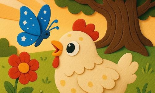 Plume, petite poule ronde et duveteuse crème tachée de jaune pâle aux grands yeux émerveillés, tend le bec vers un papillon bleu électrique aux ailes marbrées d'étoiles blanches; une fleur rouge vif penche vers elle près d'un étang miroitant, un vieux chêne sombre se dresse en arrière-plan, la prairie verte ponctuée de perles de rosée sous un coucher de soleil orange crée une scène calme, joyeuse et centrée, lisible pour les enfants.