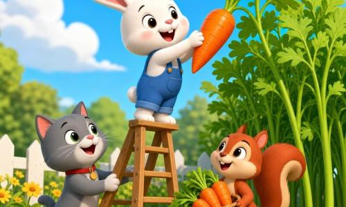 Un lapin blanc aux grandes oreilles roses, joyeux et concentré, monte une échelle en bois pour cueillir une grosse carotte brillante, aidé par un écureuil roux qui tend un panier au pied de l’échelle et par un chat gris qui stabilise l’échelle ; le jardin ensoleillé et coloré, avec des rangs de carottes, une petite clôture blanche et des fleurs, dégage une ambiance chaleureuse et conviviale.