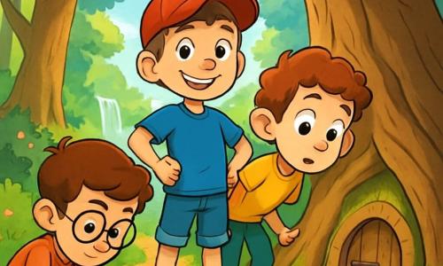 Trois garçons se tiennent dans une forêt enchantée. Malo, 10 ans, avec une casquette rouge, est au centre, prêt pour l'aventure. Sami, aussi 10 ans, écoute attentivement avec curiosité. Lucien, portant des lunettes rondes, est accroupi à gauche, dessinant dans la terre. Ils découvrent une petite porte en bois cachée sous une racine, émerveillés par ce mystère qui les invite à entrer dans un monde magique.