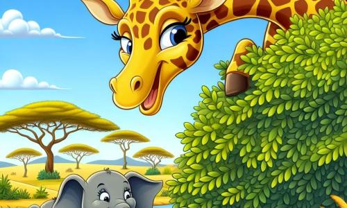 Une girafe nommée Giselle, avec un long cou et des taches dorées, se cache derrière un buisson, prête à jouer un tour aux autres animaux de la savane. À proximité, une famille d'éléphants se baigne joyeusement dans une rivière, riant et jouant, inconscients de la farce qui les attend. Le décor est une savane ensoleillée avec des acacias, des herbes dorées et un ciel bleu. Giselle s'apprête à faire un bruit énorme pour surprendre les éléphants, créant une atmosphère d'excitation et de joie.