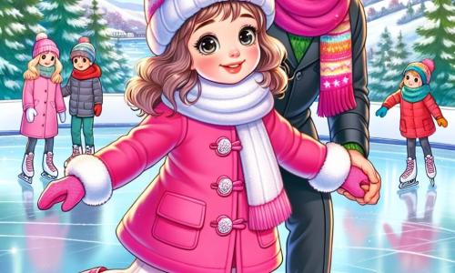 Léa, une petite fille de 10 ans, se tient sur la glace d'une patinoire en plein air, les yeux pétillants de joie et un sourire rayonnant. Elle porte un manteau rose, un bonnet blanc et des gants assortis, ses patins brillent sous le soleil d'hiver. Elle fait ses premiers pas sur la glace, hésitante mais déterminée. À ses côtés, Maxime Delcourt, un patineur de 25 ans, l'encourage avec un sourire, vêtu d'une combinaison noire et d'une écharpe colorée. Le décor enchanteur comprend un lac entouré de montagnes enneigées, avec des flocons de neige tombant doucement. Des familles patinent en arrière-plan, ajoutant à la magie de la scène. Léa, excitée et nerveuse, s'apprête à patiner autour de cônes colorés, tandis que Maxime l'encourage, créant un moment de partage sur la glace.