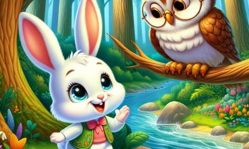 Un petit lapin blanc nommé Léo, aux grandes oreilles et aux yeux curieux, se tient debout sur ses pattes arrière, souriant en écoutant le vent à travers les arbres. À côté, un vieux hibou sage, avec des plumes brunes et des lunettes rondes, est perché sur une branche, affichant une expression bienveillante tout en hochant la tête comme s'il partageait un secret. La scène se déroule dans une forêt enchantée avec des arbres majestueux, des fleurs éclatantes et une rivière scintillante. Léo, captivé par les sons de la nature, écoute le murmure de la rivière et le chant du vent, découvrant la magie des histoires de la forêt.