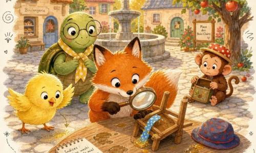 Lulu la renarde rousse aux yeux pétillants est au centre, souriante et concentrée, penchée sur une petite chaise renversée en tenant une loupe en bois; à gauche Piou le poussin jaune duveteux, étonné et joueur, montre une trace de pollen au sol; Tante Tortue, à carapace verte et mouchoir à pois jaunes, se tient en arrière, calme, et Marmoset Léon, petit singe brun au chapeau à pois rouges, un peu gêné, est assis près d’un pommier avec un petit sac ouvert à droite. Scène : place du village des Bois-Clairs au crépuscule (pavés crème, grande table ronde en bois, fontaine en pierre, maisons basses aux toits colorés, arbres fruitiers) ; petite enquête amicale autour d’indices (ruban washi collant de miel, chapeau à pois, traces mouillées), ambiance chaleureuse aux couleurs vives, contours doux, texture aquarelle avec petits doodles (flèches, loupe, notes).