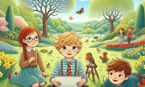Un garçon de 10 ans, Lucas, aux cheveux blonds en bataille et aux yeux pétillants, est assis sur l'herbe d'un parc, souriant et tenant un carnet de croquis. À ses côtés, sa meilleure amie Camille, avec des cheveux bruns tressés et des lunettes rondes, admire son dessin, tandis que Tom, un autre garçon de 10 ans aux cheveux châtains et aux taches de rousseur, observe un rouge-gorge. Le parc est fleuri avec des tulipes rouges et des jonquilles jaunes, sous un ciel bleu parsemé de nuages blancs. La scène montre Lucas en train de dessiner le paysage printanier, entouré de ses amis, tous émerveillés par la beauté de la nature.