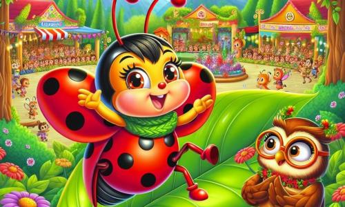 Une coccinelle joyeuse nommée Lili, avec des ailes rouges ornées de taches noires, est perchée sur une grande feuille verte, prête à s'envoler pour un concours de vol. À côté d'elle, un hibou sage aux plumes brunes observe la scène avec amusement, prêt à juger. En arrière-plan, une place du village colorée est décorée de fleurs et de lanternes, entourée d'arbres et de buissons fleuris, où d'autres animaux se rassemblent pour assister à la compétition. Lili s'élance dans les airs, prête à réaliser une figure acrobatique, tandis que les autres animaux applaudissent, créant une ambiance festive.