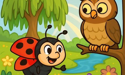 Célestine, une coccinelle joyeuse aux ailes écarlates et aux points noirs, vole au-dessus d’un champ de fleurs éclatantes, ses yeux curieux et émerveillés. À côté d'elle, Barnabé, un hibou sage au plumage brun et aux yeux dorés, se perche sur une branche, l'observant avec bienveillance. En arrière-plan, un saule majestueux se dresse au bord d’un ruisseau scintillant, entouré de fleurs sauvages et de rayons de soleil. Célestine, déterminée, s'approche du saule enchanté, prête à découvrir le secret de la perle de rosée éternelle.