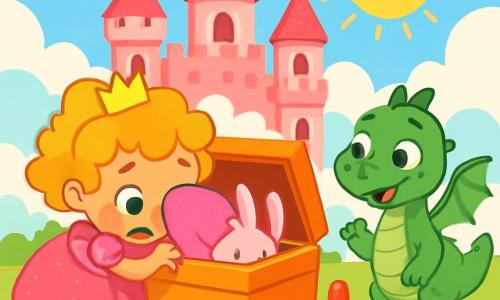 La princesse Gaufrette, une petite fille aux cheveux bouclés et dorés, porte une robe rose en guimauve qui scintille sous le soleil. Elle cherche son doudou-lapin dans sa boîte à jouets, tandis que son ami le dragon Pompom, un petit dragon vert aux écailles brillantes, l'observe avec curiosité. Le château en guimauve est entouré de nuages en coton et de bonbons colorés. Gaufrette plonge dans sa boîte à jouets, encouragée par Pompom à retrouver son doudou.