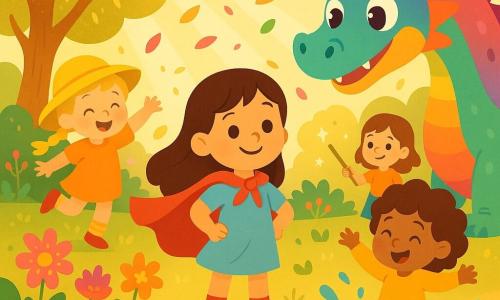Il y a quatre enfants : Lucie, une fille de 4 ans avec de longs cheveux bruns et une cape rouge, se tient au centre, souriante. Chloé, à gauche, a des cheveux blonds en tresses et un chapeau jaune, sautillant joyeusement. Mia, à droite, a des cheveux bouclés et des bottes vertes, elle saute dans une flaque d'eau. Zoé, en arrière-plan, a des cheveux châtains et dessine des étoiles dans le sable avec une baguette de bois. Elles se trouvent dans un jardin magique, rempli de fleurs colorées, d'arbres dorés et d'un étang cristallin. Les quatre amies découvrent un dragon arc-en-ciel nommé Drako, entourées de pétales flottants, prêtes pour une aventure incroyable.