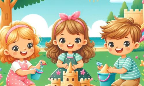 Trois enfants sont présents : Emma, une petite fille de trois ans avec des cheveux bouclés et dorés, porte une robe rose à pois blancs et est assise sur l'herbe, souriante avec un seau de sable. Léo, un garçon de trois ans aux cheveux blonds et aux yeux pétillants, porte un t-shirt bleu et un short beige et se tient à côté d'Emma, ajoutant du sable à leur château. Zoé, une petite fille de trois ans avec de longs cheveux noirs et un ruban rose, est accroupie près du château, tenant des coquillages colorés. Le parc est ensoleillé, avec des fleurs colorées et un grand arbre. Les enfants construisent ensemble un château de sable, riant et s’entraidant, symbolisant la magie de leur amitié.