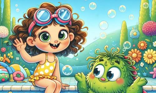 Une fille de 10 ans, Zoé, sourit avec émerveillement, portant une tenue de baignade à pois jaunes et des lunettes de natation sur le front. Elle est assise au bord d'une piscine scintillante, prête à plonger, tandis qu'un monstre de piscine nommé Marcel, vert et trapu, fait une révérence en éclaboussant l'eau. Le ciel est bleu avec des nuages, des canards colorés dansent sur l'eau, et des bulles de savon flottent. La piscine, entourée de fleurs et de jouets aquatiques, crée une ambiance joyeuse. Zoé et Marcel se préparent pour une aventure sous-marine, remplie de rires et de bulles.