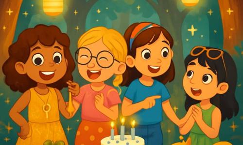 Quatre enfants célèbrent l'anniversaire de Clara dans une clairière enchantée au cœur d'une forêt magique. Clara, 10 ans, a des cheveux châtains bouclés et porte une robe dorée avec un pendentif en forme de clé. Émilie, également 10 ans, a des cheveux blonds tressés et des lunettes rondes, vêtue d'un t-shirt rose et d'une jupe à pois. Sophie, avec des cheveux bruns lisses et un bandeau coloré, porte un t-shirt bleu et un short en jean, pointant un écureuil doré. Jade, avec des cheveux noirs et des lunettes de soleil, est habillée d'une robe verte. La clairière est décorée d'une table avec un festin coloré et un gâteau d'anniversaire, tandis que des lanternes flottantes illuminent l'endroit. Les amies rient et s'émerveillent devant la surprise du festin, tandis qu'un écureuil les observe, ajoutant de la magie à ce moment.