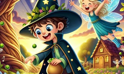 Timothée, un apprenti sorcier de huit ans, est au centre de l'image, portant un grand chapeau pointu et une robe de sorcier ornée d'étoiles. Son visage exprime émerveillement et excitation alors qu'il essaie d'attraper des petits pois dansants autour de lui. À ses côtés, Gwendoline, une jeune fée de sept ans, vole avec des ailes scintillantes et des cheveux dorés, lançant des paillettes pour l'aider. En arrière-plan, la maisonnette de Timothée est entourée d'une forêt enchantée avec des arbres torsadés et des feuilles multicolores brillantes. La scène montre Timothée riant aux éclats, entouré de petits pois sautillants, tandis que Gwendoline ajoute une touche de magie à ce moment ludique.