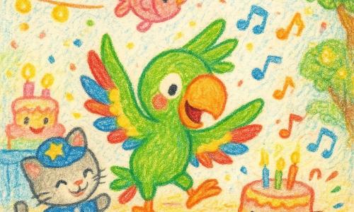 Paco le perroquet, joyeux et excité, danse au centre avec de grandes plumes vertes, rouges et jaunes et un bec orange brillant; à sa gauche, un petit chaton timide et souriant en costume bleu à pois tient sa patte en glissant, à sa droite un tambour roulant rouge avec cercles jaunes fait 