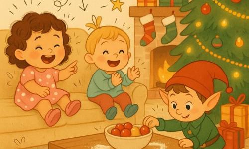 Trois personnages dans un salon de Noël chaleureux : Lila, 2 ans, cheveux bruns bouclés, robe rose à pois et chaussons roses, assise à gauche du canapé, rit et pointe un bol ; Nina, 2 ans, cheveux blonds en petite queue, pull bleu clair et chaussons bleus, assise à droite, applaudit et tend la main vers une chaussette près du sapin ; le Lutin Farceur, petit elfe au bonnet rouge, veste verte et bottines marron, est debout près de la table basse en train de déposer trois boules rouges et dorées dans un bol. Le salon comprend un grand sapin décoré de guirlandes dorées et lumières jaunes, une cheminée avec des chaussettes suspendues et des cadeaux au pied du sapin, un canapé crème, un tapis persan clair, une table basse en bois clair avec un trait de farine formant un petit chemin, et un petit camion-jouet bleu qui cache une chaussette. Ambiance joyeuse, couleurs chaudes rouges, verts et ors.