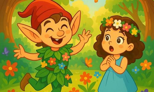 Un lutin joyeux avec de grandes oreilles pointues et des yeux malicieux danse dans une clairière enchantée, portant une tunique de feuilles et de fleurs. À ses côtés, une petite fille de 8 ans, aux cheveux bruns et bouclés, vêtue d'une robe légère et d'une couronne de fleurs, l'observe avec émerveillement. La clairière est illuminée par le soleil, entourée d'arbres majestueux et de fleurs colorées, tandis que des papillons multicolores volent autour d'eux. Ils découvrent ensemble un monde féerique, remplis d'enthousiasme et de curiosité, prêts pour une aventure inoubliable.