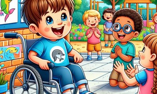 Lucas, un garçon de 6 ans souriant, est assis dans son fauteuil roulant. Il a des cheveux bruns en bataille et porte un t-shirt bleu avec un dessin de dauphin. Ses yeux pétillent d'excitation alors qu'il montre fièrement ses dessins à ses amis. À côté de lui, Thomas, également âgé de 6 ans avec des cheveux blonds et des lunettes rondes, applaudit tandis qu'Emma, une fille avec des tresses et une robe rose, le regarde avec admiration. Ils sont entourés d'un groupe d'enfants qui s'amusent dans une cour d'école ensoleillée, avec des arbres et des jeux colorés en arrière-plan. Des dessins d'animaux décorent un mur en briques. Lucas partage des histoires d'aventures imaginaires, créant une atmosphère de camaraderie et de joie.