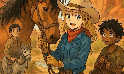 Lila, jeune cow-girl souriante mais déterminée, au chapeau beige, veste en denim et foulard rouge, tient la bride de son grand cheval brun Tornade tandis qu'elle reprend d'une main une selle en cuir brun ornée d'une petite étoile argentée; Toby, garçon d'une dizaine d'années au visage sale et aux cheveux en bataille, baisse la tête, soulagé, tenant encore la selle et se tenant en retrait près d'un rocher à droite; Sam, adolescent réservé en veste simple et pantalon rapiécé, tient en laisse un petit poney gris nommé Biscuit à l'arrière-plan gauche; la scène de réconciliation se déroule dans un canyon aux roches ocres et rouges, sentier poussiéreux, quelques buissons secs et un ruisseau au fond, sous un ciel bleu clair avec lumière dorée du soleil couchant; style manga doux, couleurs chaudes et contrastées, textures visibles du cuir, du bois et de la poussière, expressions lisibles et adaptées aux enfants.