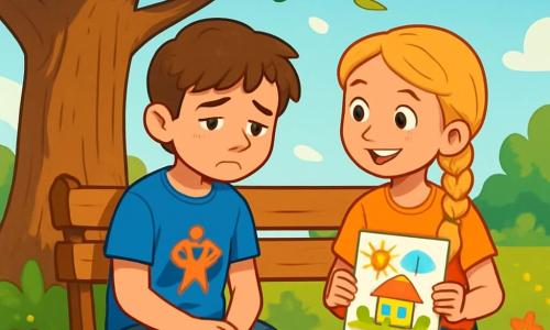 Un garçon de 12 ans, aux cheveux châtains et aux yeux brillants, est assis sur un banc en bois sous un grand chêne, affichant une expression mélancolique. Il porte un t-shirt bleu avec un motif de super-héros et un short en jean. À côté de lui, une fille de 11 ans, aux cheveux blonds tressés et aux yeux pétillants, le regarde avec compassion, tenant un dessin coloré. Le parc est ensoleillé, avec des feuilles vertes, des fleurs colorées et un ciel bleu parsemé de nuages. Le garçon se remémore son ami disparu, tandis que la fille lui tend son dessin, symbolisant l’amitié et le soutien.
