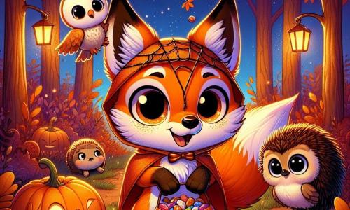 Un renard orange nommé Félix, avec de grands yeux curieux, se tient au centre d'une clairière illuminée par des lanternes en citrouille. Il porte un costume de renard-araignée fait de feuilles et sourit en tenant un sac de bonbons. À ses côtés, une chouette nommée Luna vole légèrement, affichant une expression d'excitation. Un hérisson nommé Hugo, avec un pelage brun, se tient près de Félix, souriant et tenant une noisette. La scène se déroule dans une forêt enchantée, avec des arbres aux feuilles dorées et des étoiles dans le ciel nocturne. D'autres animaux en costumes colorés s'amusent autour d'un feu de camp, créant une atmosphère festive d'Halloween.