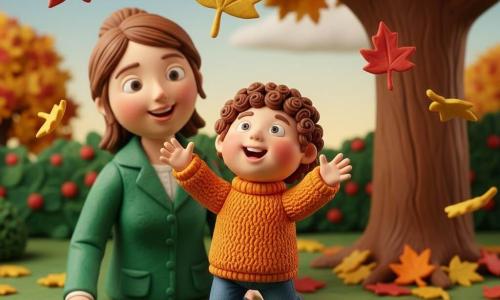 Garçon de 2 ans, joyeux, cheveux bruns bouclés et pull orange, saute et tend la main pour attraper une grande feuille dorée qui descend lentement, sa maman d'environ 30 ans, souriante, cheveux châtains attachés et veste verte, se tient juste derrière prête à l'aider, dans un jardin d'herbe verte parsemé de feuilles rouges, jaunes et brunes, avec un grand arbre au tronc texturé et un ciel doux d'automne ; des feuilles tourbillonnent autour d'eux ; style pâte à modeler avec empreintes et coutures visibles, éclairage chaud, couleurs saturées et formes simples.