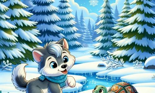 Dans une forêt enchantée, un petit loup nommé Luma, avec un pelage argenté brillant sous le soleil d'hiver, saute joyeusement dans la neige fraîche, ses yeux pétillants de curiosité. À ses côtés, une sage tortue nommée Tula, avec une carapace colorée, sourit doucement, assise sur un rocher enneigé, observant Luma avec bienveillance. Le décor est une clairière magique, entourée de sapins chargés de neige, où des flocons scintillants tombent du ciel bleu. La scène montre Luma grattant la glace d'un ruisseau gelé, découvrant les merveilles de l'hiver, tandis que Tula lui explique les secrets de la nature, remplissant l'air de joie et d'apprentissage.