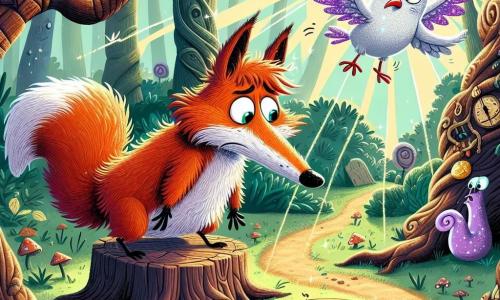 Filou, un renard aux poils roux ébouriffés et à la queue touffue, se tient sur une souche en bois, inquiet mais déterminé, regardant la Boussole Grognonne à ses pieds, qui a une expression boudeuse. À proximité, Pépito, un pigeon magique aux plumes violettes, vole en cercles au-dessus de lui, l'air préoccupé. La scène se déroule dans la Forêt des Soupirs, où des arbres aux troncs tordus murmurent des secrets sous des rayons de soleil. Filou se prépare à affronter une horde de limaces dansantes qui s'approchent, créant une situation drôle et palpitante.
