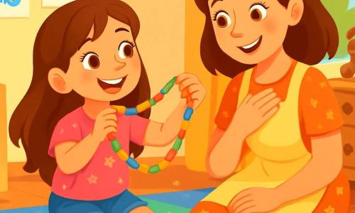 Une fille de 8 ans, aux longs cheveux bruns et aux yeux joyeux, est assise sur un tapis coloré dans sa chambre. Elle porte un t-shirt rose avec des étoiles et un short en jean, souriant fièrement en tenant un collier de pâtes colorées. À côté d'elle, sa maman, une femme d'environ 35 ans avec des cheveux châtains et un sourire chaleureux, admire le collier, émue. La chambre est décorée de dessins, de crayons de couleur et d'une fenêtre laissant entrer la lumière du soleil. Des paillettes brillent sur le tapis, ajoutant une touche magique. La scène montre la fille offrant son cadeau à sa maman, créant un moment tendre et joyeux.