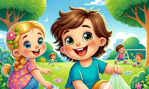 Un petit garçon de 2 ans, Léo, avec des cheveux bruns en bataille et un sourire éclatant, est accroupi sur l'herbe du parc. Il porte un t-shirt bleu et un short jaune, ses yeux brillent de joie alors qu'il ramasse un papier coloré. À côté de lui, une petite fille de 3 ans, aux cheveux blonds tressés et en robe rose à fleurs, l'observe en souriant, tenant un sac pour collecter les déchets. Le parc est rempli d'arbres, de fleurs et d'un ciel bleu clair. Léo et la petite fille ramassent des papiers, rendant le parc propre et joyeux tout en riant ensemble.