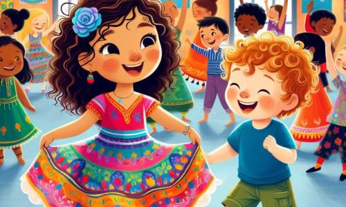 Dans une grande salle colorée du centre culturel, Lila, une petite fille de 4 ans aux cheveux bruns et bouclés, danse joyeusement avec un grand sourire. Elle porte une robe multicolore qui virevolte autour d'elle. À ses côtés, Sacha, un garçon de 5 ans aux cheveux bouclés et à la peau claire, rit en imitant ses mouvements. Le lieu est décoré de dessins représentant des cultures du monde, et des enfants de différentes origines dansent ensemble, créant une atmosphère festive. Lila et Sacha dansent entourés d'autres enfants, célébrant la diversité à travers la danse et la joie.