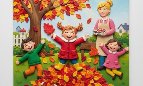 Léa, 4 ans, souriante, cheveux châtains clairs en couettes, en manteau rouge et bottes jaunes, saute dans un grand tas de feuilles rouges et oranges en tenant une grande feuille rouge brillante; à ses pieds Max, petit chien mâle brun et blanc, remue la queue et court autour du tas; deux enfants voisins (garçon 6 ans, fille 5 ans) rient et sautent aussi; la mère (30–35 ans), cheveux blonds attachés, porte un tablier clair et tient une assiette de petits gâteaux près d’une table en bois en arrière-plan; le jardin lumineux montre un grand chêne aux feuilles rouges, oranges et jaunes, pelouse verte, une petite clôture blanche, quelques maisons et des rayons de soleil filtrant; scène d’une fête d’automne joyeuse avec feuilles volant, textures façon pâte à modeler et couleurs chaudes contrastées, composition centrée sur Léa.