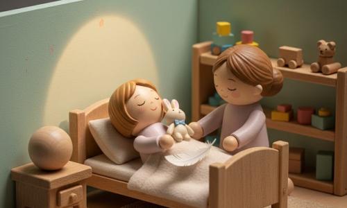Une fillette de 4 ans, yeux mi-clos et visage apaisé, cheveux châtain clair en coupe droite, joueuse et calme, allongée sur un petit lit en bois enserrant un doudou lapin crème, sa mère d'environ 32 ans, cheveux en chignon bas et sourire tendre, assise à droite au bord du lit la main posée près de la sienne pour rassurer ; un doudou lapin crème avec un petit ruban bleu près du visage, une veilleuse ronde sur une table de chevet en bois émettant une lumière dorée douce qui projette un cercle chaud sur le mur menthe pâle, tapis beige, étagère basse avec jouets en bois, couverture nuageuse sur le lit ; moment de coucher zen illustré par une plume blanche flottant au-dessus du ventre de la fillette, ambiance tamisée, textures bois, tissu et peluche visibles, palette douce crème, pastel et doré avec éclairage chaleureux centré sur le lit.