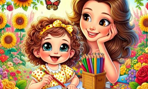 Une petite fille de 5 ans, Lila, avec de grands yeux pétillants et des cheveux bouclés, est assise dans un jardin coloré, entourée de fleurs éclatantes. Elle porte une robe jaune à pois et sourit, tenant des crayons de couleur, prête à dessiner. Sa maman, une femme d'une trentaine d'années avec des cheveux longs et bruns, sourit en la regardant, tenant un livre d'histoires. Le jardin est rempli de couleurs vives : des roses rouges, des tournesols dorés et des papillons. Au fond, une grande boîte en bois déborde de fournitures artistiques. Lila dessine un grand soleil sur une feuille de papier, tandis que sa maman l'encourage avec un regard chaleureux, créant une atmosphère joyeuse.