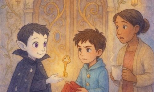 Un petit vampire nommé Lumin, visage pâle aux joues rosées, yeux violets brillants, cape noire constellée d’étoiles, tend une main froide vers une clé brillante que tient à côté de lui Milo, garçon d’environ 9 ans aux cheveux bruns en bataille, manteau bleu ciel, expression déterminée et un peu nerveuse ; la mère de Milo, femme d’une trentaine d’années aux cheveux attachés et au regard doux, se tient en retrait près d’une porte entrouverte en tenant une tasse fumante. Ils sont devant la grande porte des Réconciliations sur la route impériale — bois aux veines dorées, boutons de saphir, lianes chuchotantes, pavés luisants et lanternes-flûtes suspendues — offrant la clé pour réparer un cœur fêlé, atmosphère douce et magique, lumière aquarelle aux tons pastels avec touches d’or et de violet, composition centrée sur les personnages et la porte majestueuse.