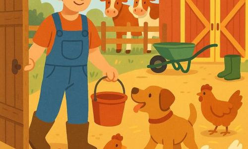 Léo, un jeune homme d'environ 25 ans souriant et serein en salopette et chapeau de paille, ouvre la porte de la cour en tenant un seau rouge tandis que son chien Pistache remue la queue, des poules picorent près d'un tas de paille et deux vaches paissent derrière une barrière dans une cour de ferme ensoleillée.
