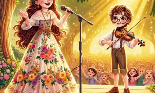Clara, une jeune femme aux cheveux longs et ondulés, vêtue d'une robe colorée ornée de fleurs, chante avec passion sur une scène en bois, tandis que Léo, un garçon de dix ans avec des lunettes rondes, joue du violon à ses côtés. Ils se trouvent dans un parc enchanteur, baigné de lumière dorée au coucher du soleil, entourés d'une foule joyeuse qui applaudit et sourit, captivée par leur mélodie. Clara et Léo partagent un moment de bonheur et d'harmonie, célébrant la magie de leur chanson ensemble.