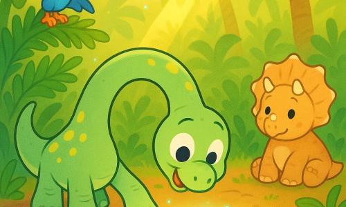 Un petit diplodocus souriant et curieux au long cou souple, peau vert pâle tachetée de jaune, se penche pour toucher de sa patte avant trois traces lumineuses sur le sol — une feuille verte, une goutte d'eau bleue et une petite étoile dorée — tandis qu'un tricératops ami, plus petit, cuirasse beige rosée et cornes courtes, assis derrière à droite, l'observe calmement, et qu'un pterodactyle joueur au plumage bleu vif, ailes repliées, perché sur une fougère à gauche, pointe du bec vers les marques; la scène se déroule dans une clairière chaude entourée de fougères géantes et de palmiers, sol mou couvert de feuilles, rayons de soleil dorés et gouttes de rosée scintillantes, ambiance douce et magique, couleurs vives, formes rondes et composition simple pour un enfant.