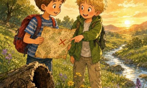 Deux garçons de 8 ans, Julien (cheveux châtains courts, t-shirt rayé bleu, sac à dos rouge) à gauche tenant une vieille carte et Maxime (cheveux blonds en bataille, veste verte, pantalon beige) à droite souriant et pointant un grand X rouge sur la carte, se tiennent dans une clairière au sommet d’une colline aux herbes vertes et fleurs jaunes et mauves, près d’un vieux tronc creux gravé et d’un ruisseau scintillant sous un ciel doux avec un coin de bleu, baignés par la lumière dorée du coucher de soleil ; style encre colorée avec traits nets, aquarelle légère et couleurs chaudes aux contrastes doux.