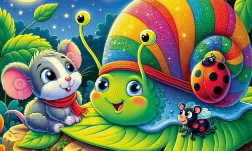 Un petit escargot nommé Lino, avec une coquille brillante et rayée, glisse lentement sur une feuille verte, ses grands yeux ronds pétillants d'excitation. À côté de lui, Momo la souris, avec son pelage doux et une écharpe rouge, l'observe avec un sourire curieux, tandis que Zoé la coccinelle, avec son dos rouge parsemé de points noirs, vole joyeusement autour d'eux. La scène se déroule près d'un vieux rocher recouvert de mousse, entouré de fleurs colorées et de feuilles scintillantes sous la lumière de la lune. Les étoiles brillent dans le ciel nocturne, créant une atmosphère magique. Lino et ses amis découvrent un trèfle aux quatre feuilles, illuminé par une douce lueur dorée, symbole d'amitié et d'aventure.