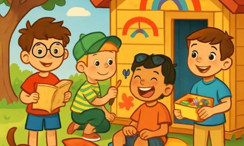 Quatre enfants se trouvent dans un jardin ensoleillé : Max, 8 ans, avec des cheveux bruns en bataille et des lunettes rondes, porte un t-shirt rouge et un short bleu, tenant un vieux carnet de croquis ; Léo, aussi 8 ans, a des cheveux blonds et des taches de rousseur, il est accroupi en train de peindre un mur de la cabane ; Hugo, 8 ans, avec des cheveux noirs et des lunettes de soleil sur le front, rit en étant assis sur un coussin ; Tom, 8 ans, souriant, tient une boîte de bonbons. Ils célèbrent une fête secrète dans leur cabane colorée, entourés de bonbons et de rires, avec leur chien Bouboule qui creuse dans le jardin, créant une ambiance de camaraderie et d'aventure.