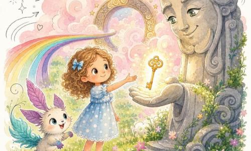 Lina, 4 ans, émerveillée, cheveux bouclés châtain clair, robe à pois bleu ciel, tend la main vers une petite clé de lumière dorée tenue par le Gardien Sourire, grande statue-pilier au visage bienveillant et yeux argentés, devant un cercle de brouillard rose pâle; Plume-Feuille, petit guide non humain à queue plume turquoise et oreilles feuille violettes, saute à côté d’elle sur l’herbe mousseuse; en arrière-plan un pont arc-en-ciel formé de rubans colorés traverse une prairie scintillante parsemée d’herbe verte brillante et de fleurs étoilées; le brouillard tourbillonne autour d’un portail rond décoré de spirales dorées; lumière chaude et douce, palette pastel riche (bleus, roses, verts, ors), textures papier et aquarelle, style jeunesse simple et expressif, avec petits doodles (étoiles, cœurs, flèches, notes de musique).
